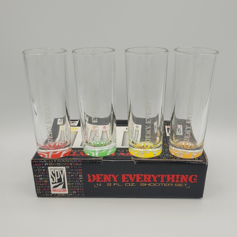 International Spy Museum "DENY EVERYTHING" Shooter Set of 4 Clear Shot Glasses